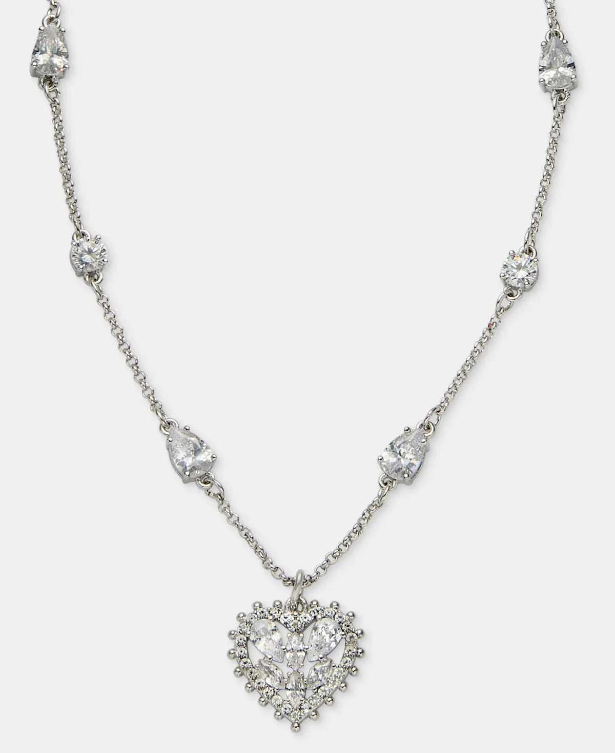 Cubic Zirconia Silver-Tone Heart Pendant Necklace by Marchesa