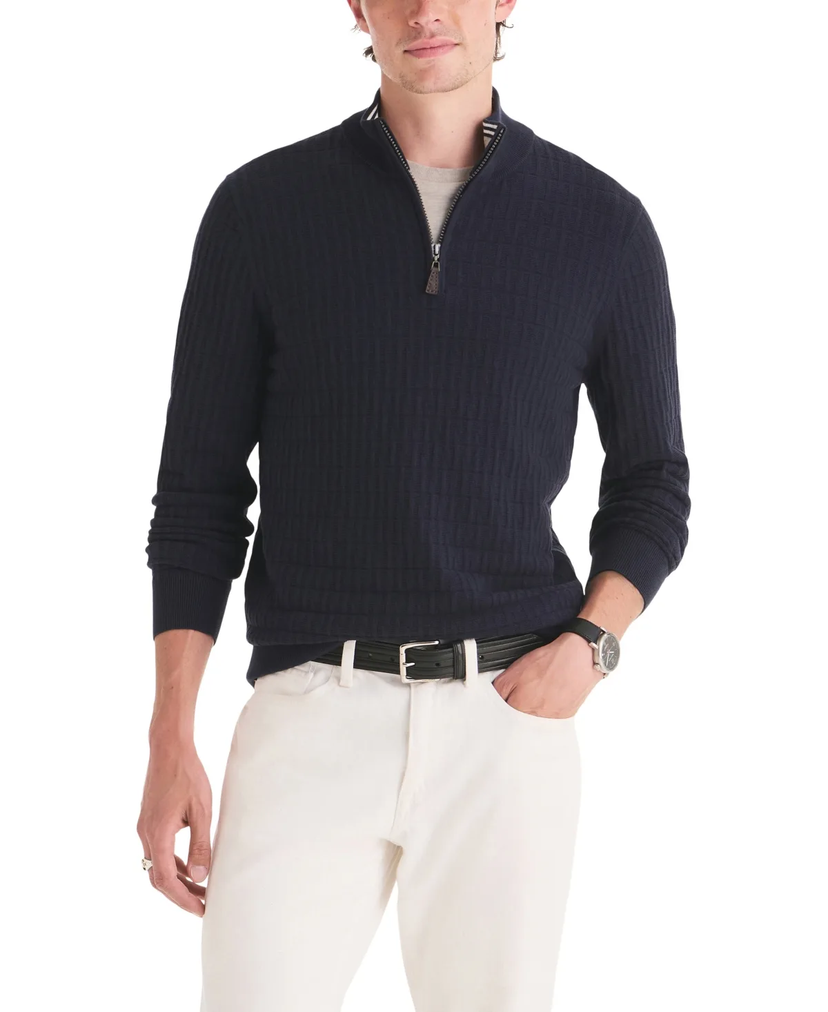 Textured Logo Classic-Fit Quarter-Zip Sweater by Nautica