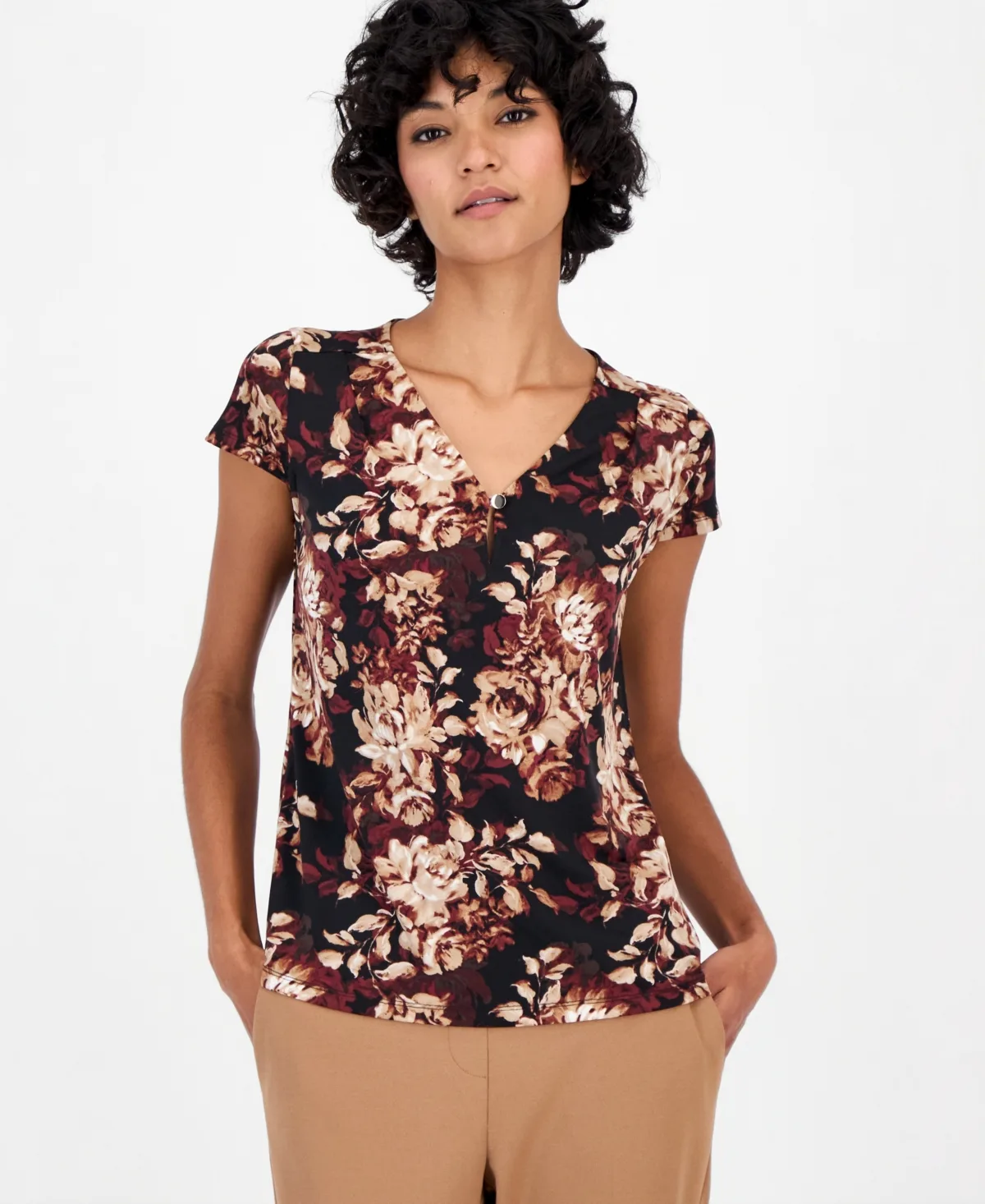 Essentials Cap-Sleeve Pleated V-Neck Blouse by Anne Klein