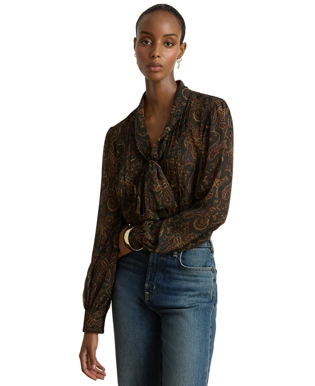 Paisley Pintucked Tie-Neck Blouse by Ralph Lauren