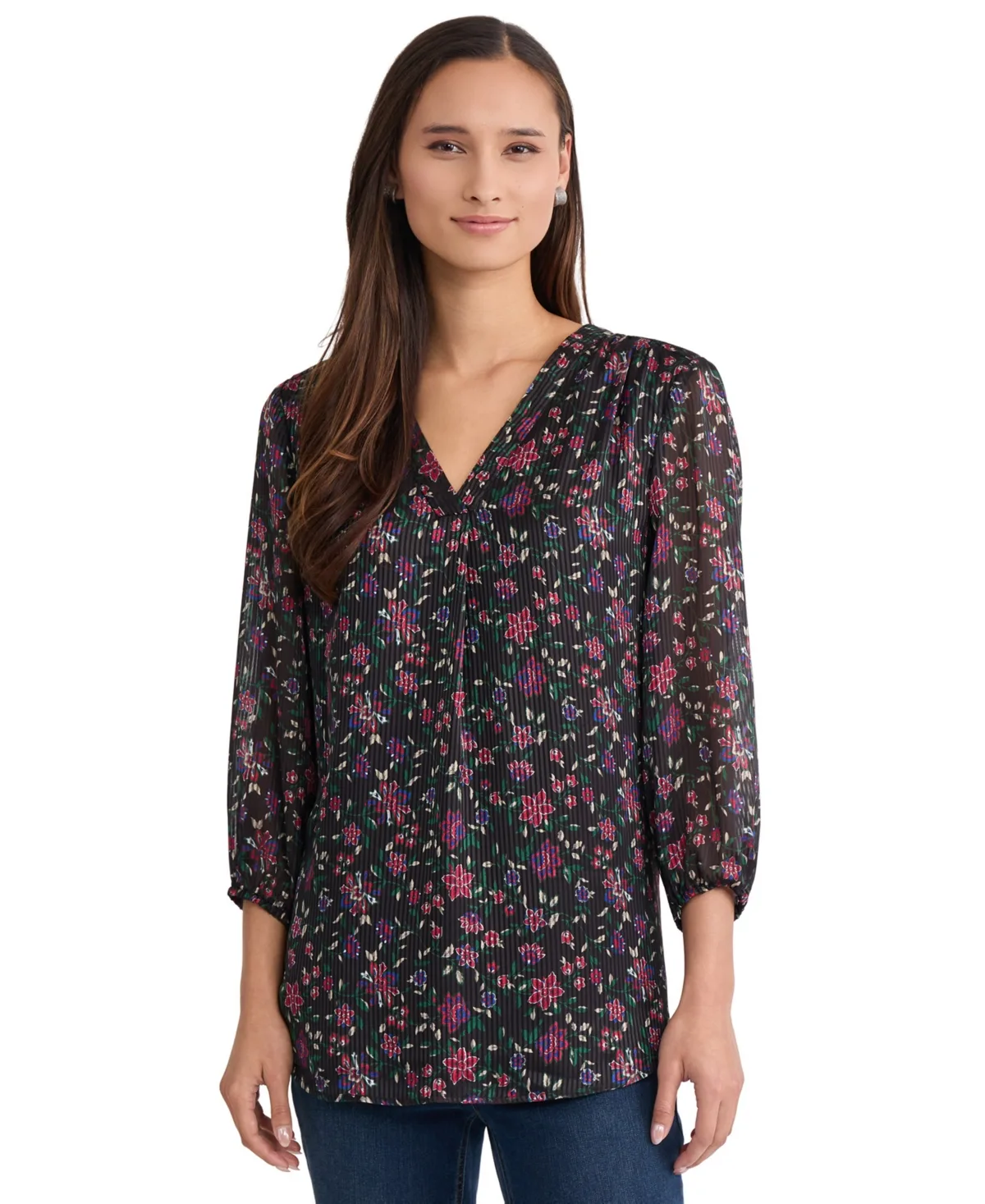 3/4-Sleeve V-Neck Floral-Print Tunic by Jones New York