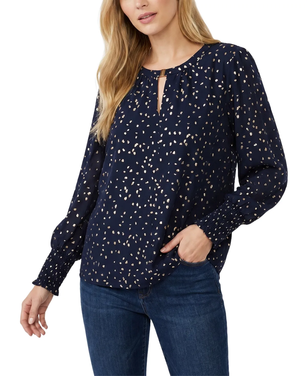 Metallic Dots Smocked Cuffs V-Neck Blouse by Ny Collection