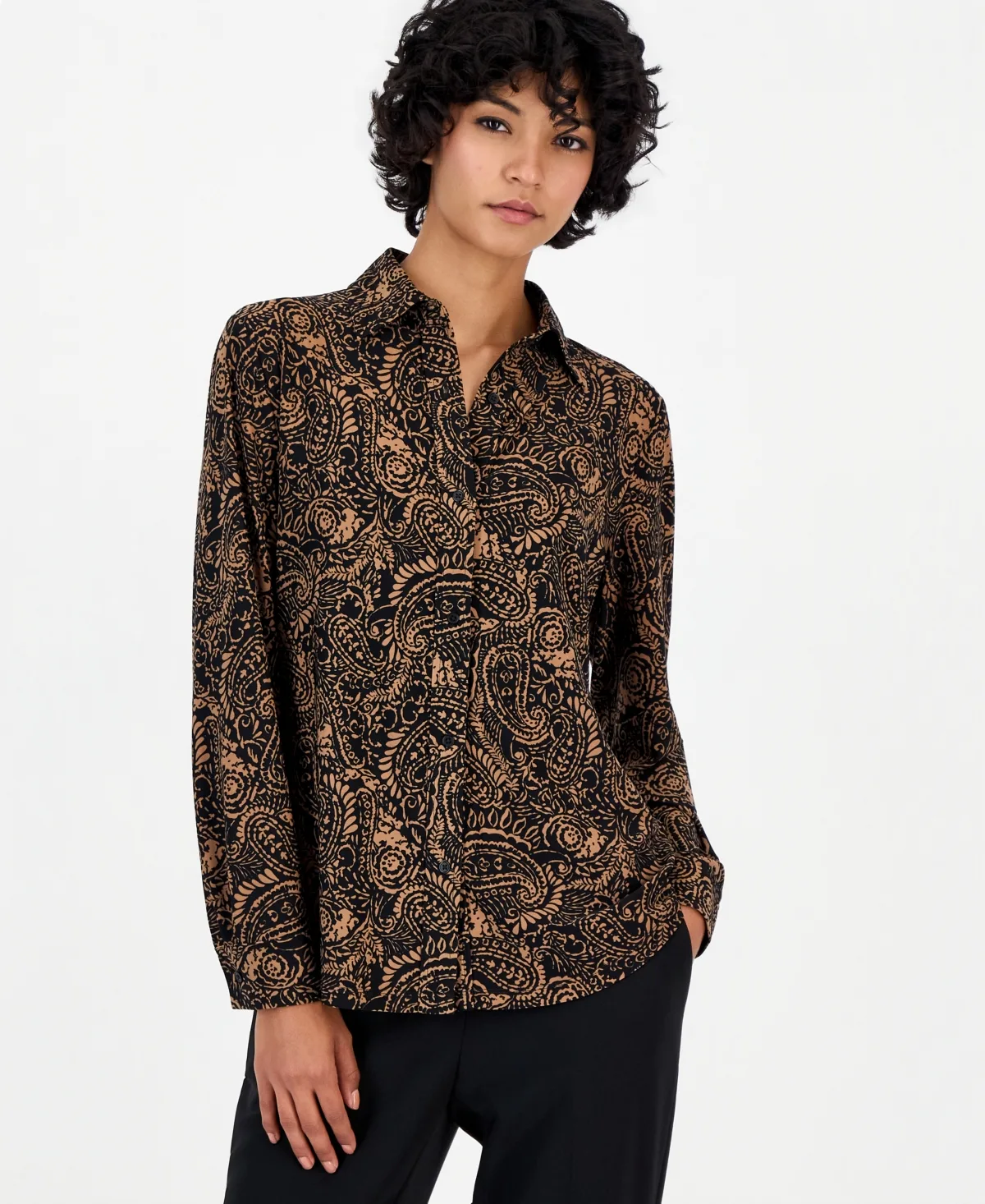 Essentials Long-Sleeve Paisley Point-Collar Button Down Shirt by Anne Klein