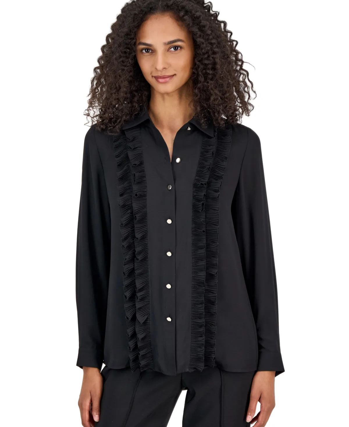 Long-Sleeve Button-Front Ruffle Blouse by Anne Klein