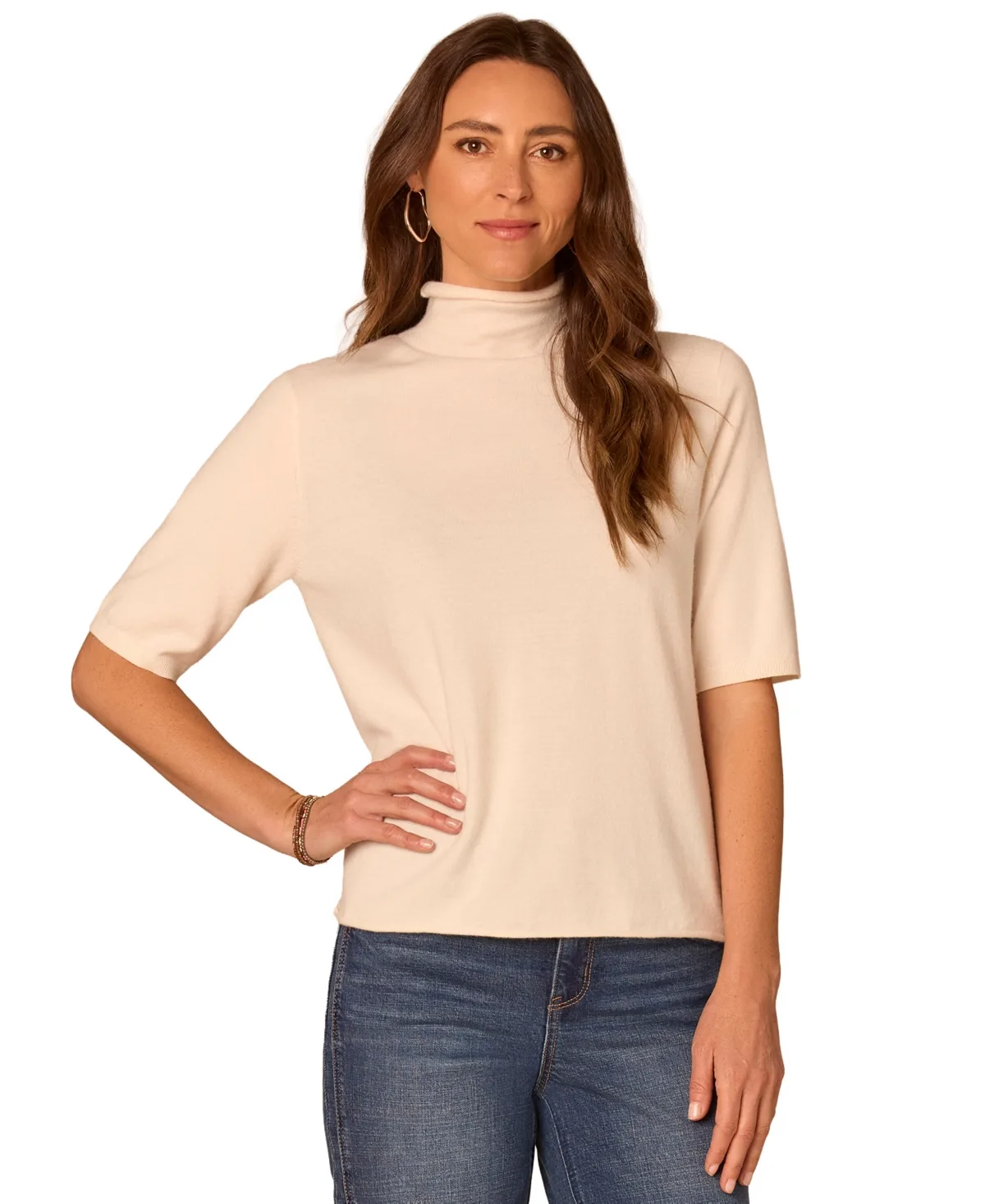 Short-Sleeve Drape Mock Neck Sweater by Democracy