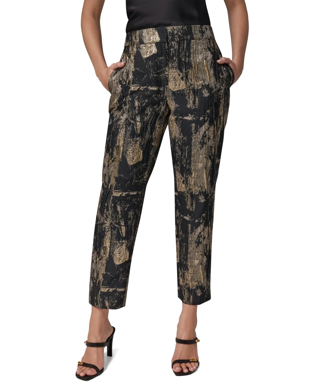 Brushstroke Metallic Slim-Leg Ankle Pants by Donna Karan New York