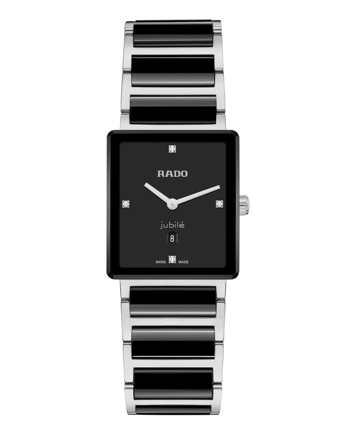 Swiss Quartz Integral Diamonds Date Silver Stainless Steel and Black Ceramic Watch 28mm by Rado