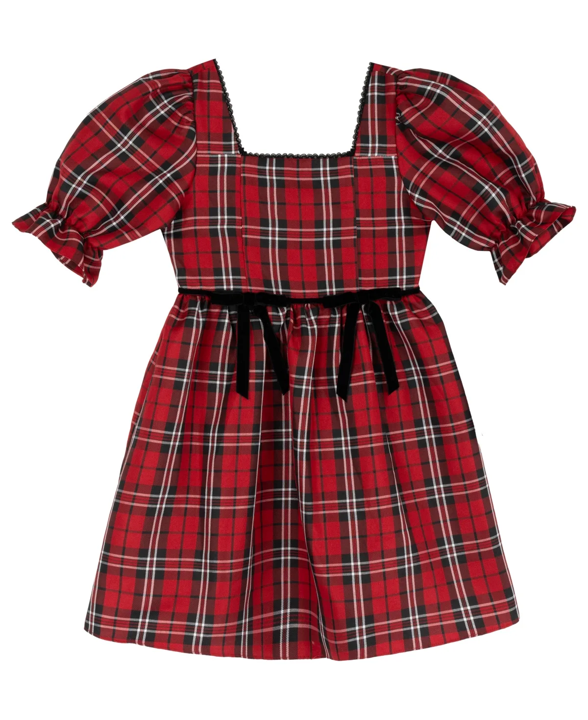 Plaid Holiday Puff-Sleeve Dress by Rare Editions