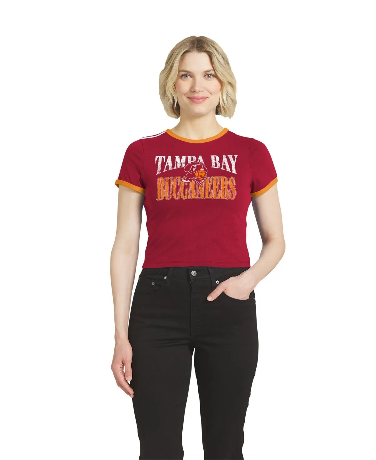 Tampa Bay Buccaneers Cropped Throwback Ringer Baby T-Shirt by Wear by Erin Andrews