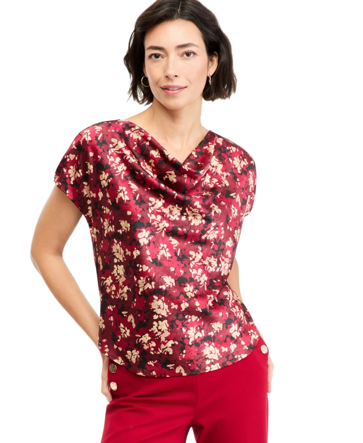 Cowl Neck Floral-Print Short Sleeve Blouse