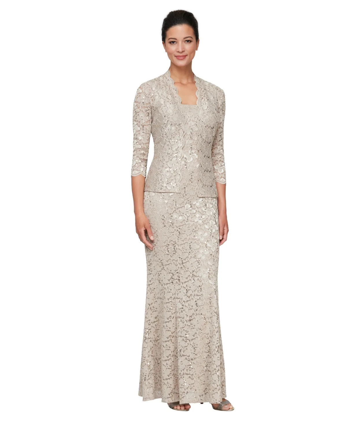Long Fit & Flare Sequins Scoop Neck Lace Dress and Jacket, 2-Piece Set