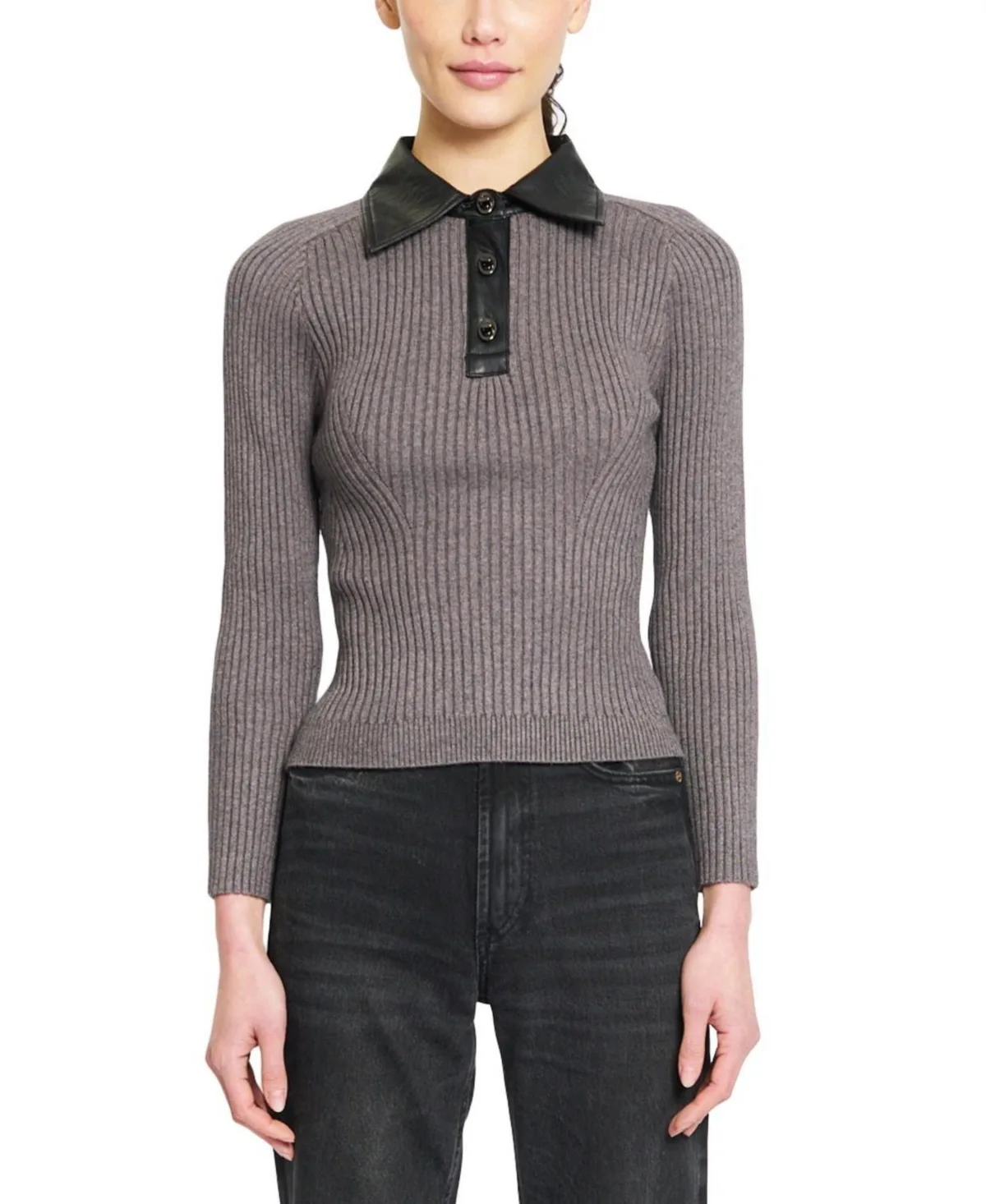 Kara Long-Sleeve Ribbed Faux-Leather Collar Polo by Central Park West