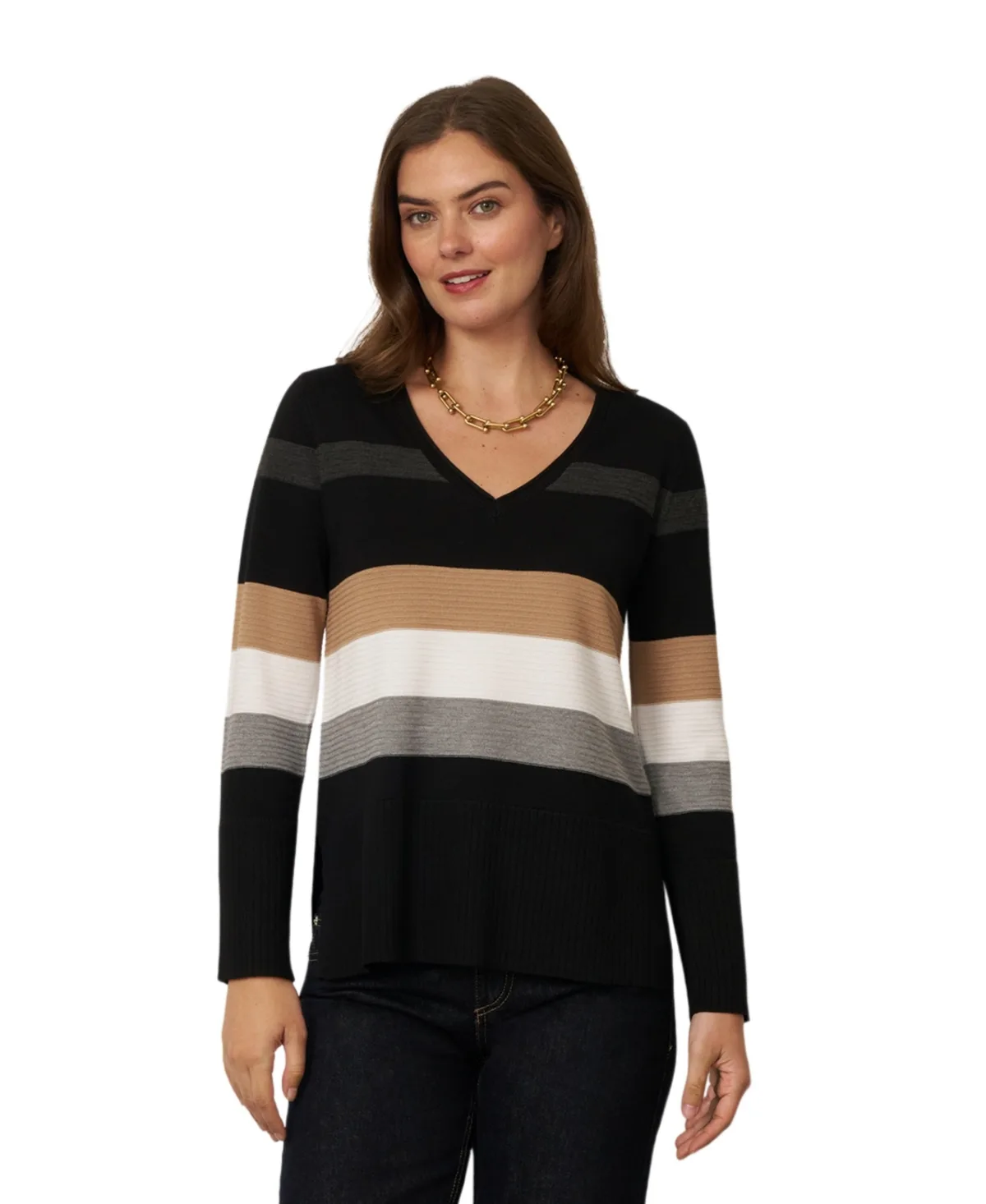Texture Stripe Striped V-Neck Long-Sleeve Sweater by Cable & Gauge