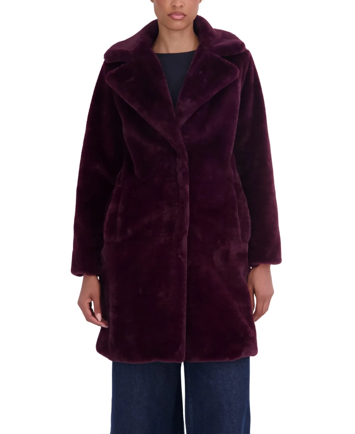 Faux Fur Notch Collar 3/4 Coat