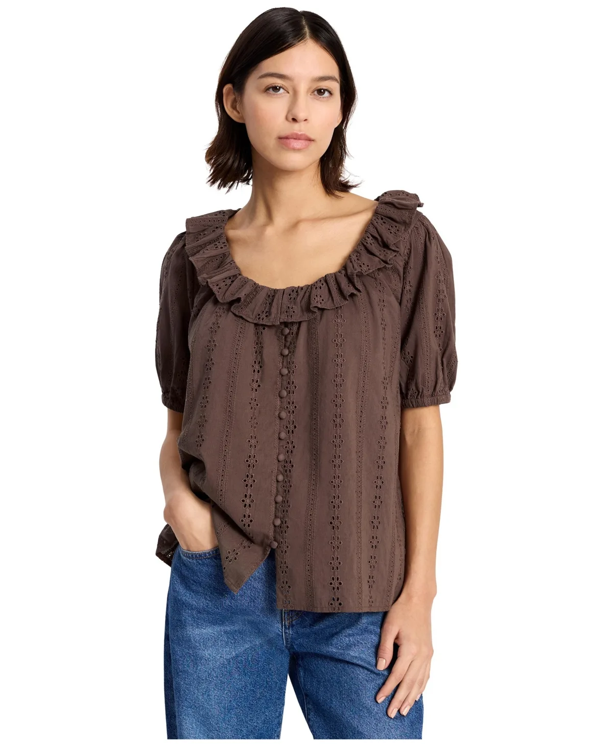 Floral-Print Ruffle Neck Button-Front Blouse by Albaray