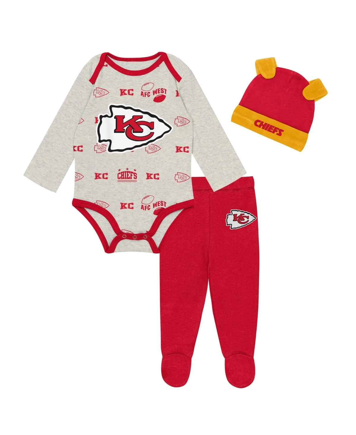 Kansas City Chiefs Huddles Giggles Long-Sleeve Footed Bodysuit, Pants and Hat, 3-Piece Set by Outerstuff