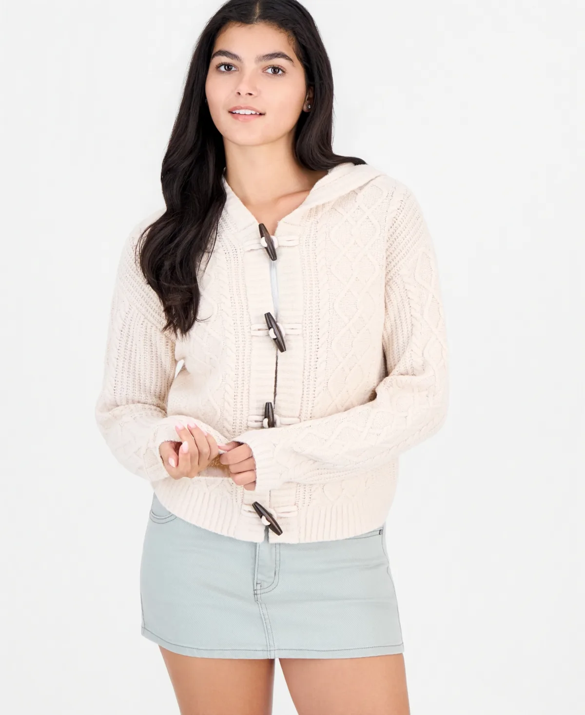Cable-Knit Hooded Toggle-Front Cardigan by Madden Girl