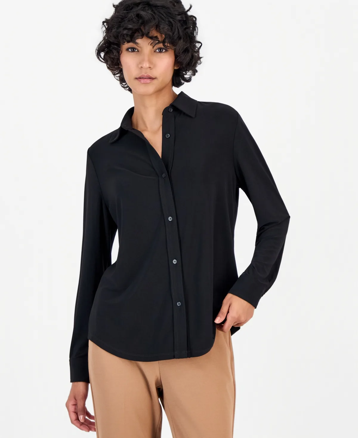 Essentials Long-Sleeve Collared Knit Button-Down Shirt by Anne Klein