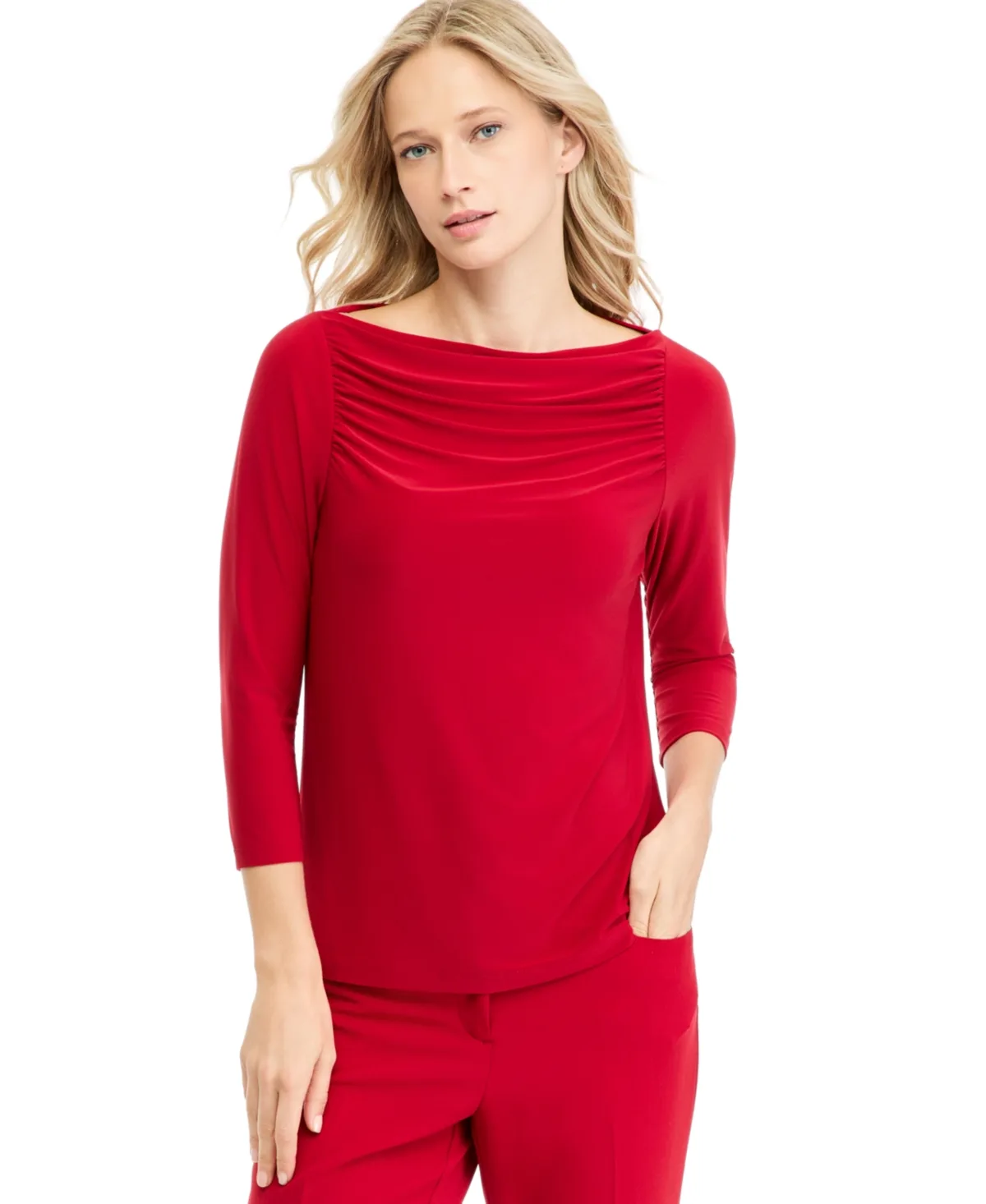 Shirred 3/4-Sleeve Boat Neck Blouse by Kasper