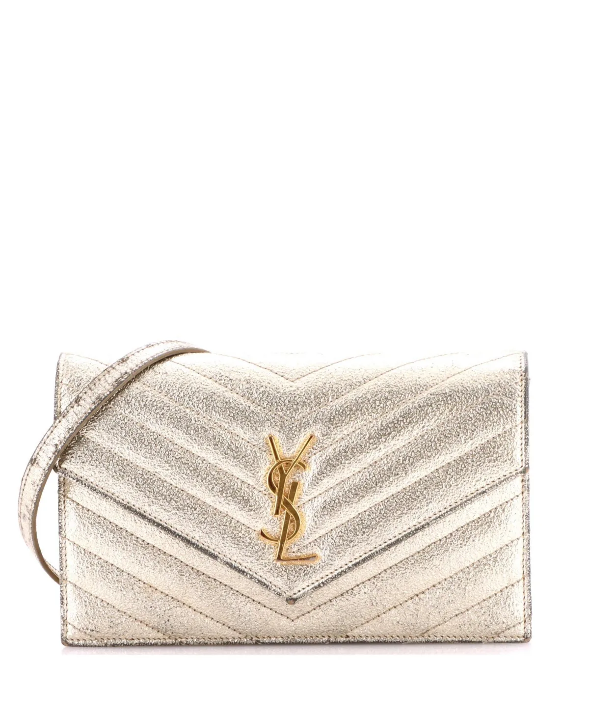 Pre-Owned Small Classic Monogram Wallet on Chain Matelasse Chevron Metallic Leather by Saint Laurent