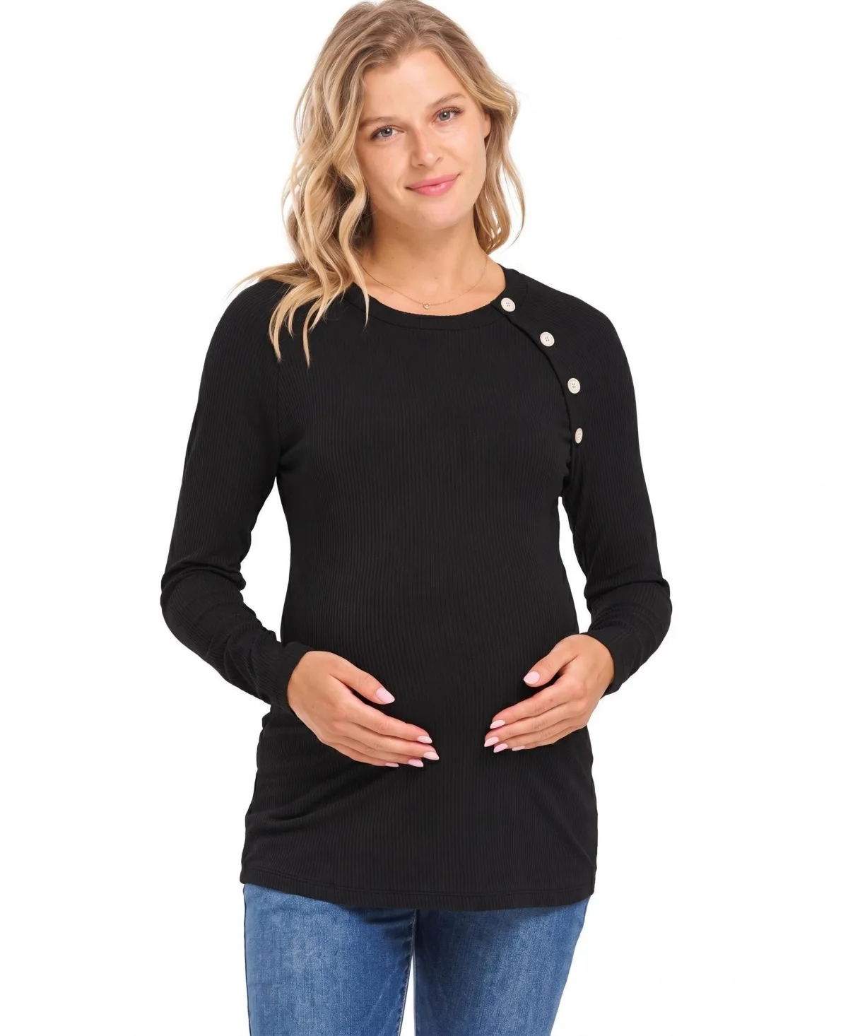 Round-Neck Button-Detail Long-Sleeve Top