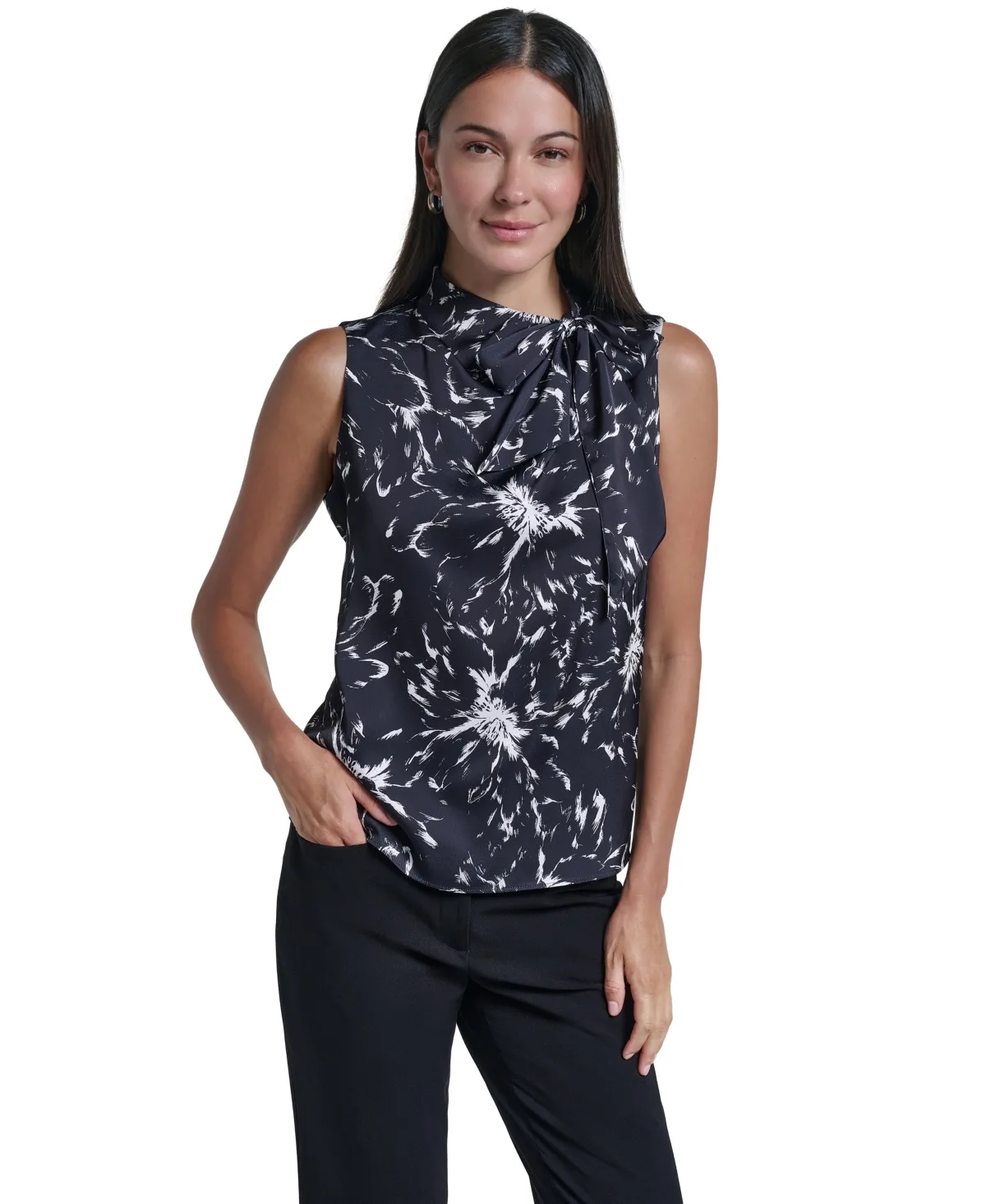 Tie-Neck Floral Sleeveless Blouse by Calvin Klein