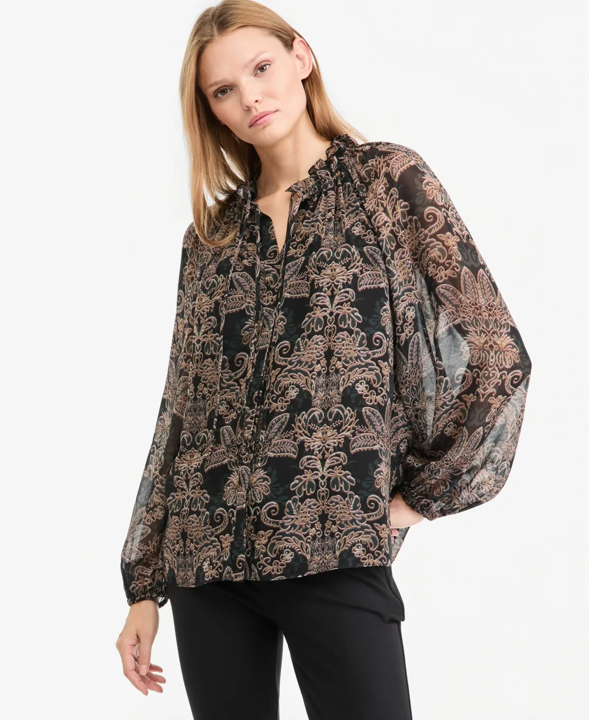 Yale Sheer Chiffon Long-Sleeve Blouse