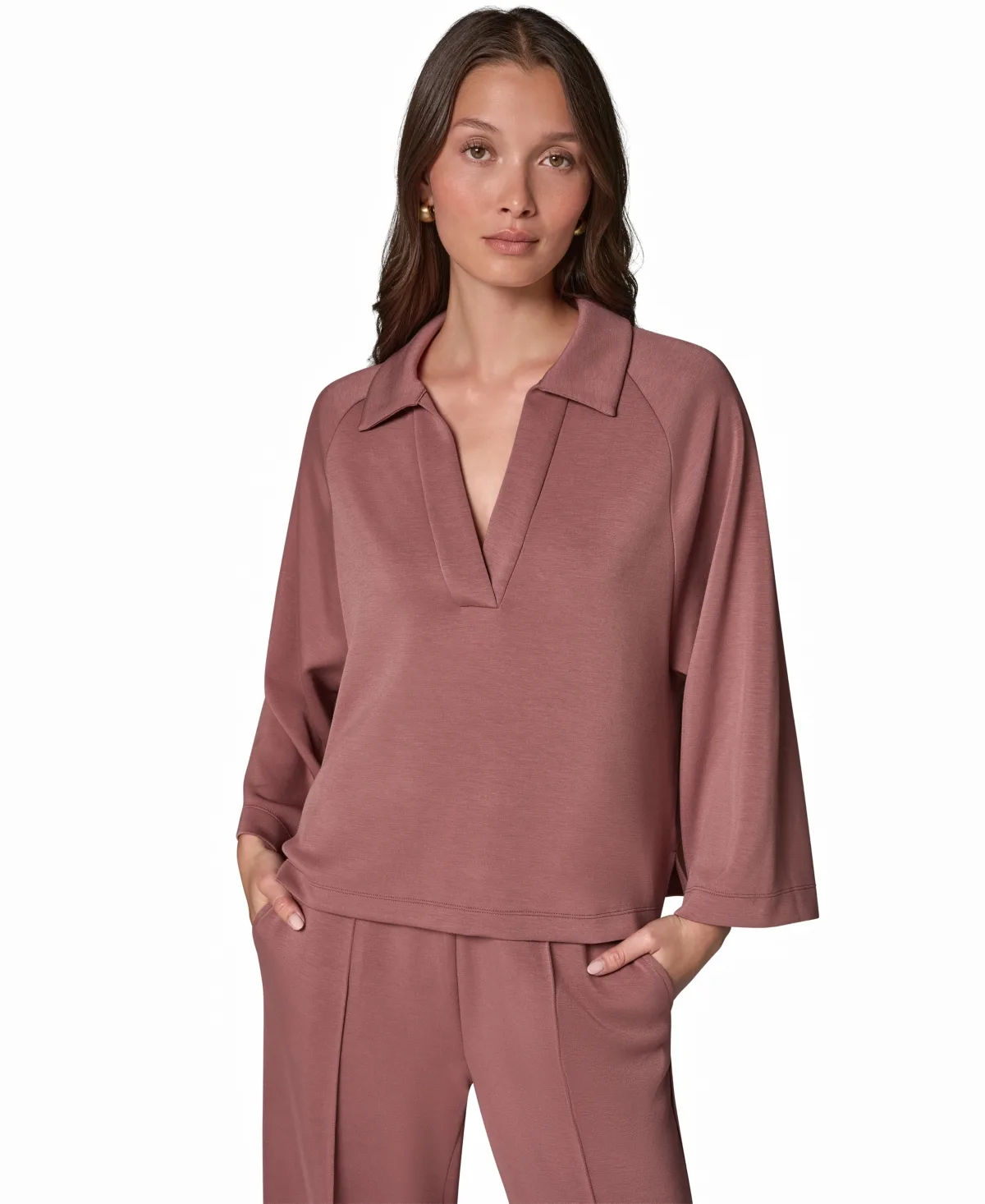 Jet Set Bracelet Sleeve Oversized 3/4-Sleeve Collared Top by Donna Karan Weekend
