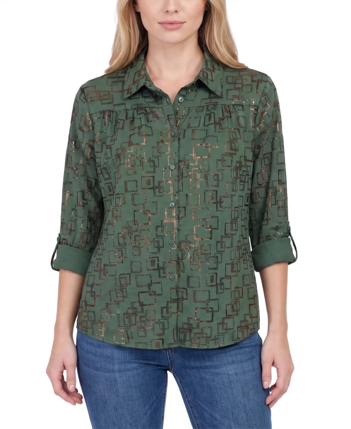 3/4 Roll-Tab Sleeve Collared Button-Up Blouse