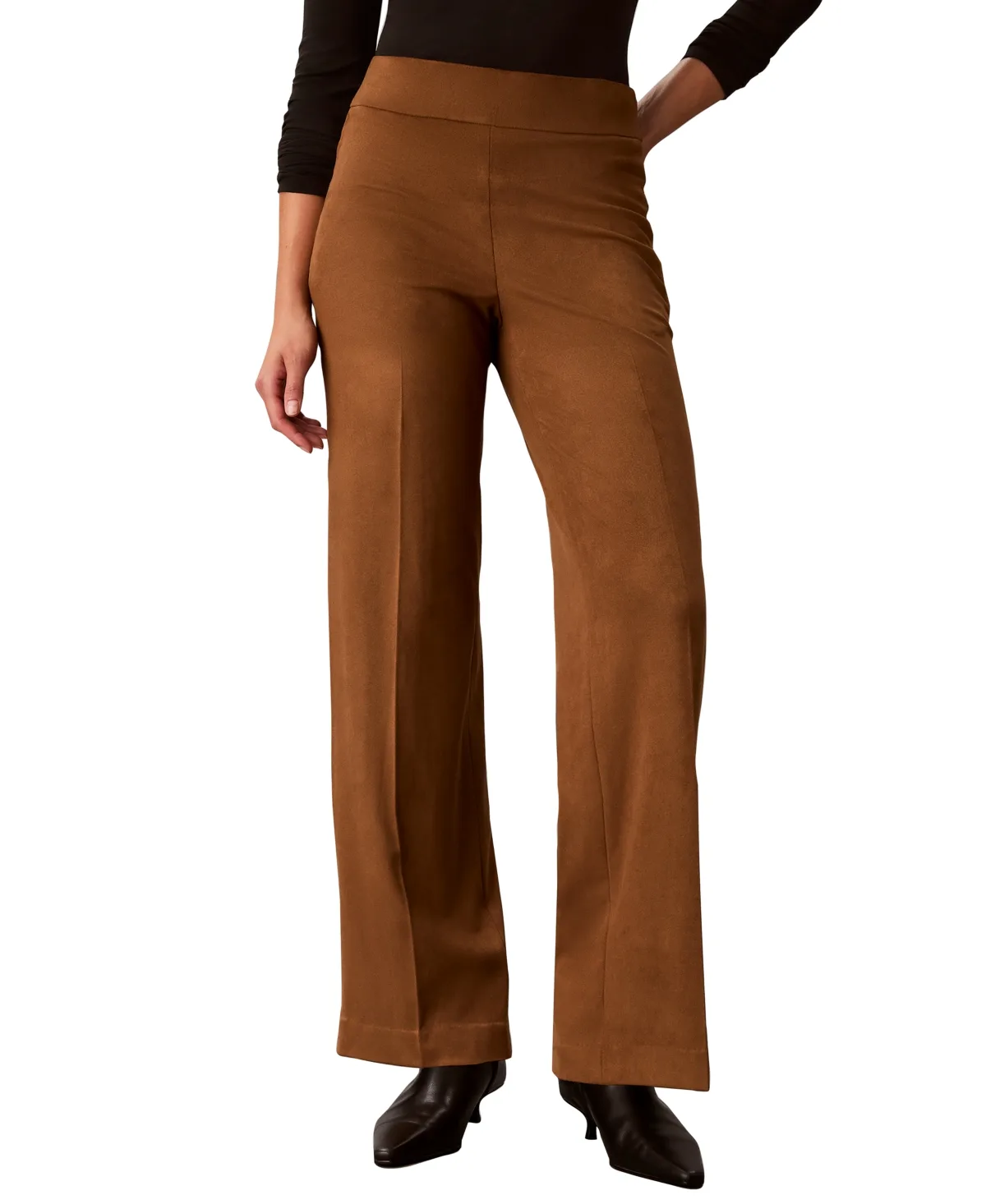 High-Rise Wide-Leg Pull-On Faux Suede Pants by Calvin Klein