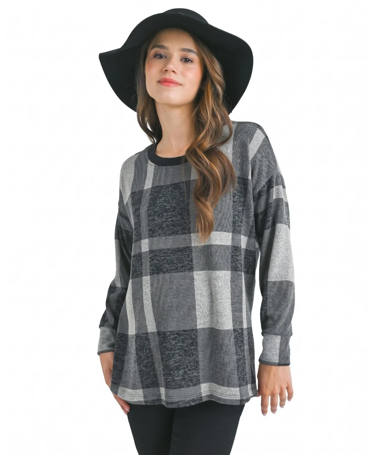 Maternity Plaid Crewneck Long-Sleeve Pullover by Hello Miz