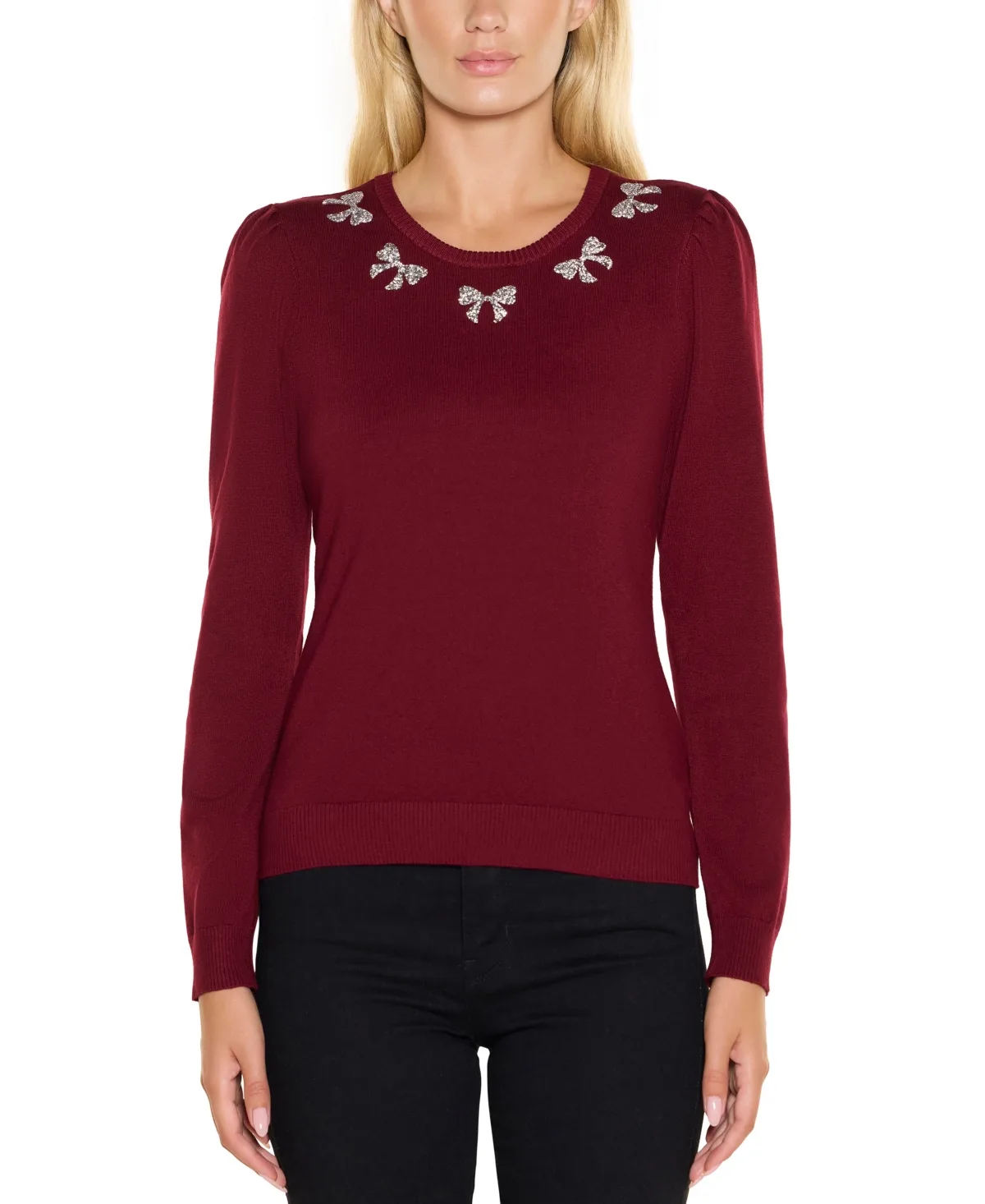 Puff Sleeve Embellished Neckline Sweater