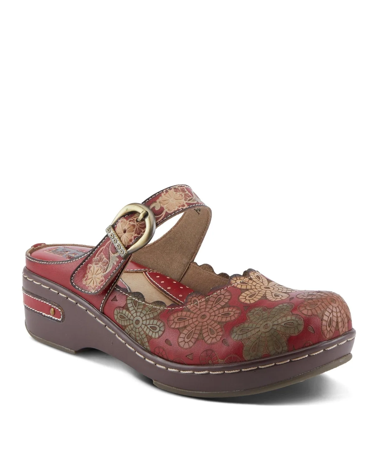 Flochino Hand-Painted Leather Clogs with Floral Ankle Strap, Scalloped Edges, Brass Buckles, and Plush Microsuede Footbed by Lartiste