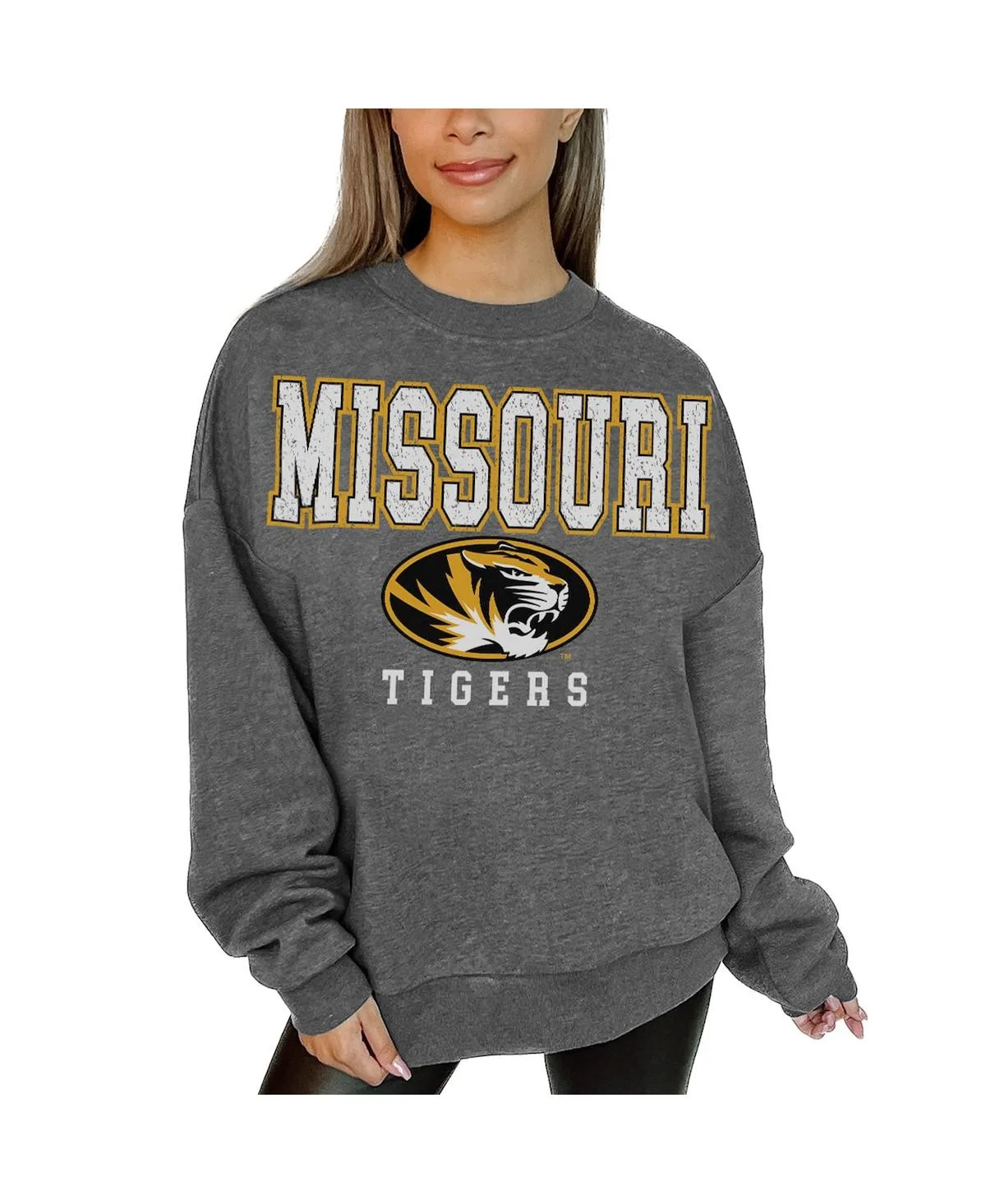 Heather Missouri Tigers Oversized Distressed Fleece Pullover Sweatshirt