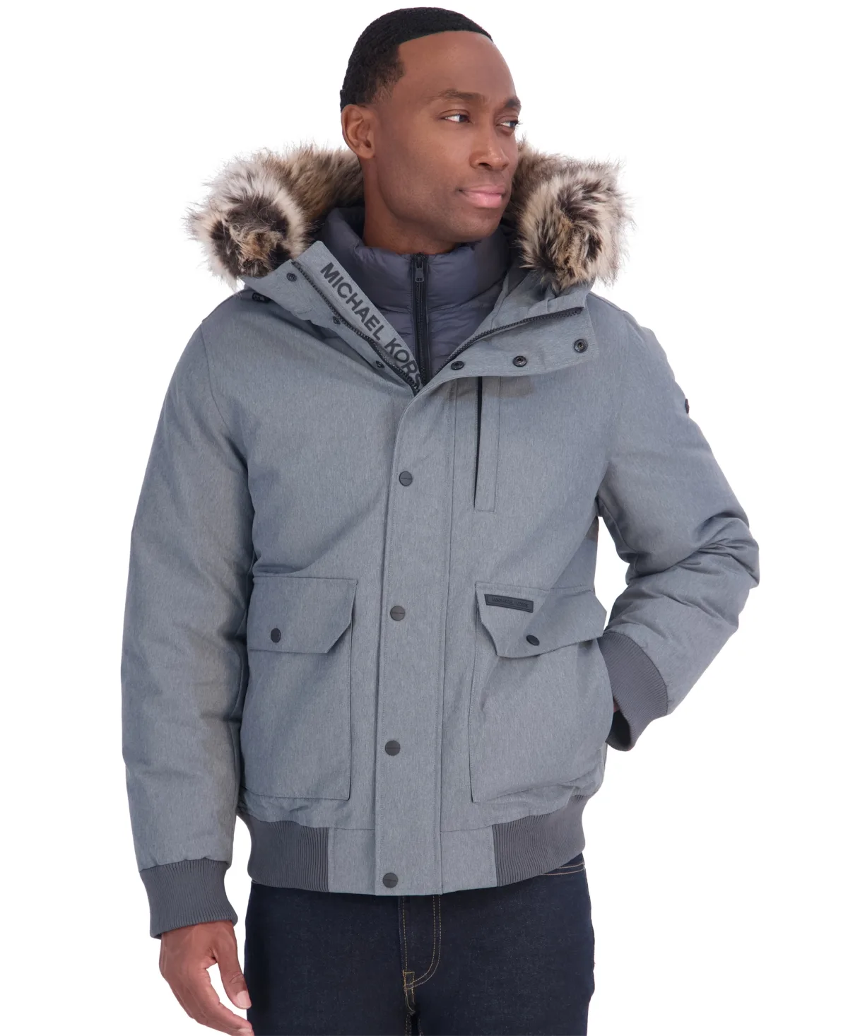 Faux-Fur-Trim Quilted-Bib Hooded Bomber Jacket by MICHAEL Michael Kors