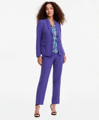 Notch Collar Button Front Jacket Printed Funnel Neck Extended Shoulder Top Ava Mid Rise Straight Leg Crepe Pants by Kasper