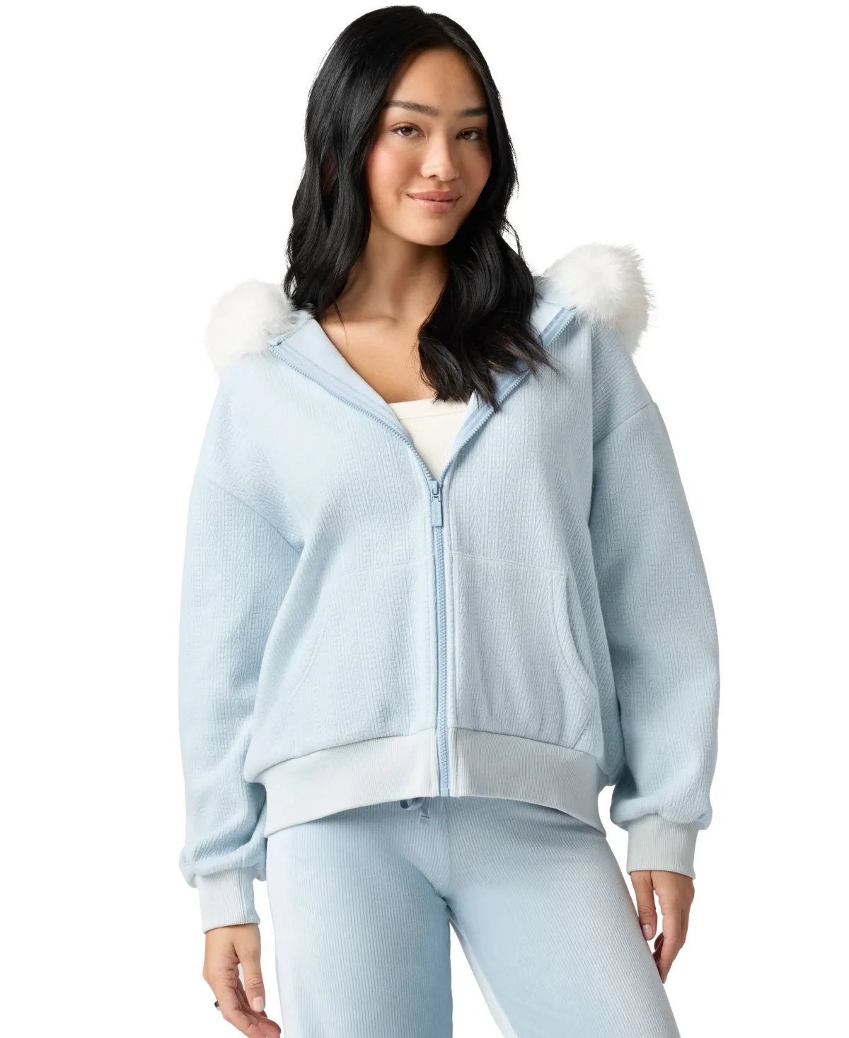 Ski Bunny Cable-Knit Faux Fur Trim Full-Zip Hoodie by Florence by Mills