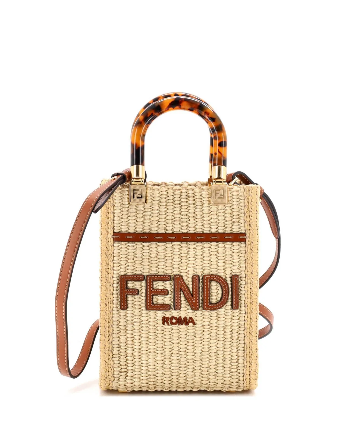 Pre-Owned Fendi Mini Sunshine Shopper Tote Straw and Leather by FENDI