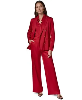 Double Breasted Satin Shoulder Padded Blazer V Neck Satin Collared Long Sleeve Blouse Satin Wide Leg Side Zip Pants by Donna Karan New York
