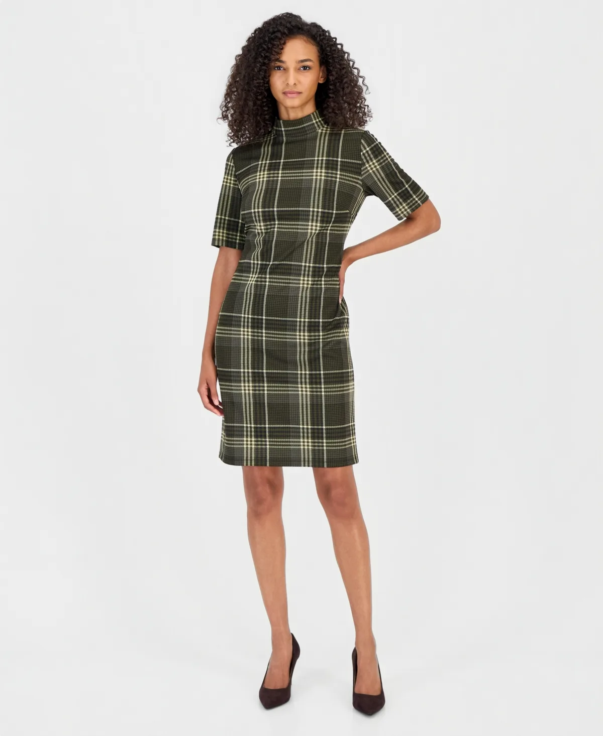 Mock Neck Plaid Sheath Dress by Anne Klein