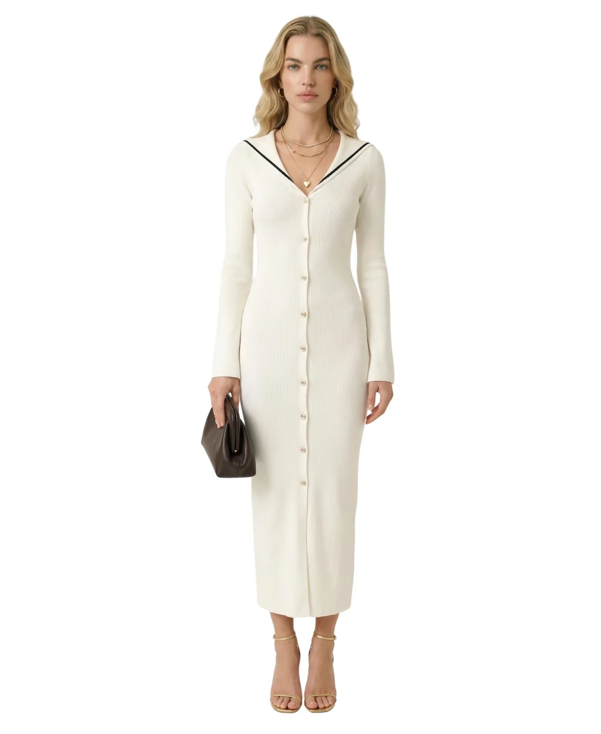 Ribbed-Knit V-Neck with Sailor Collar Midi Dress