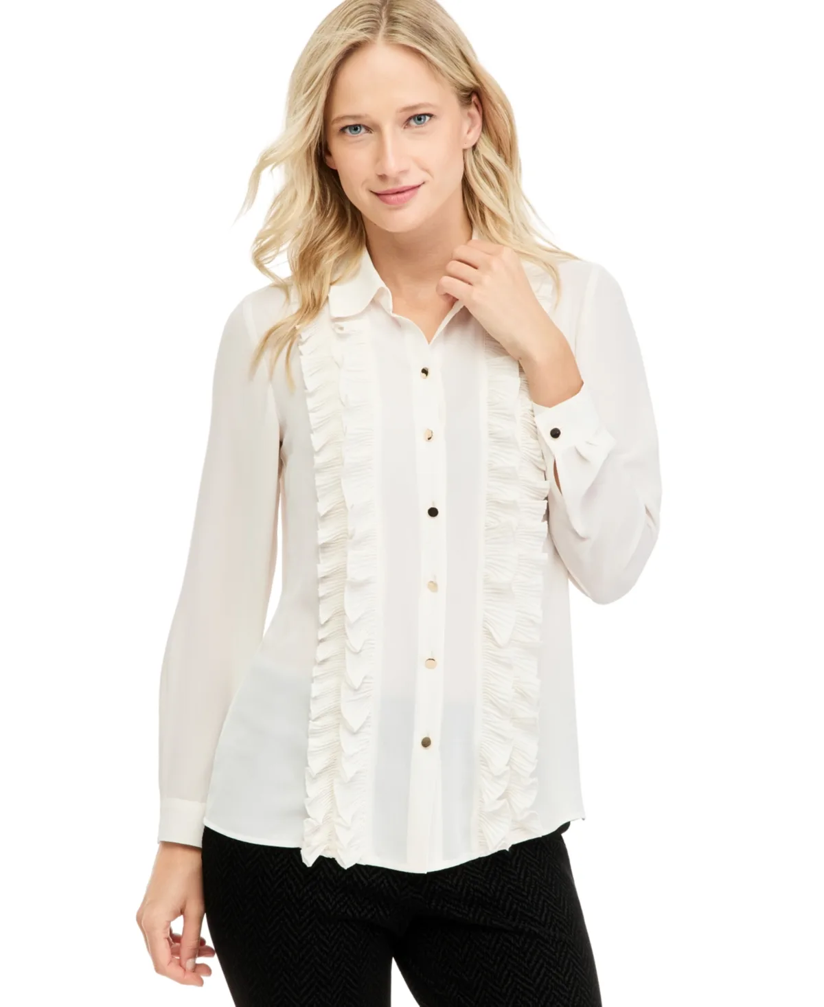 Long-Sleeve Button-Front Ruffle Blouse