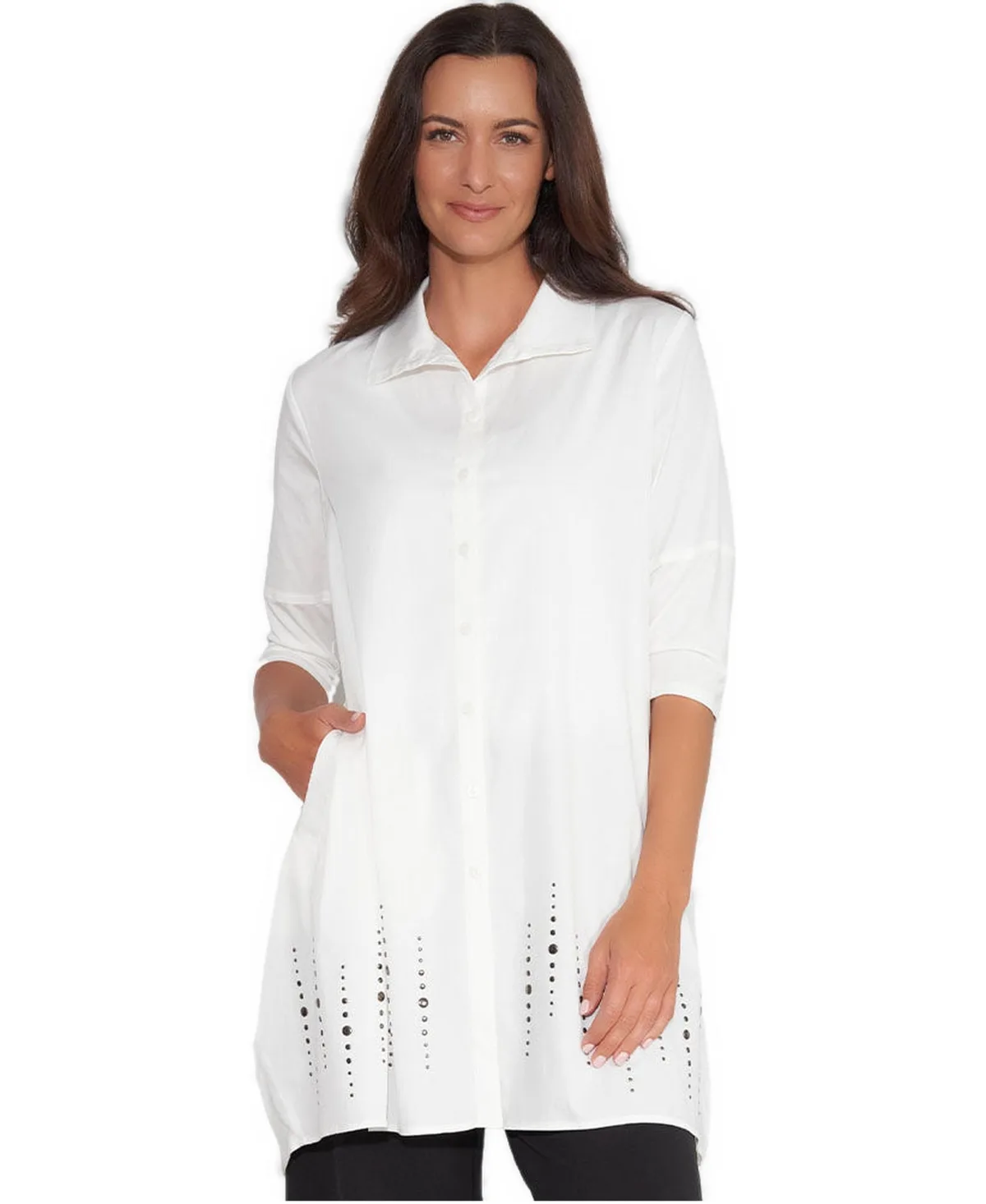 3/4 Sleeve Studded Cotton Poplin Shirt Top Tiburon Tunic Icon by Stella Carakasi