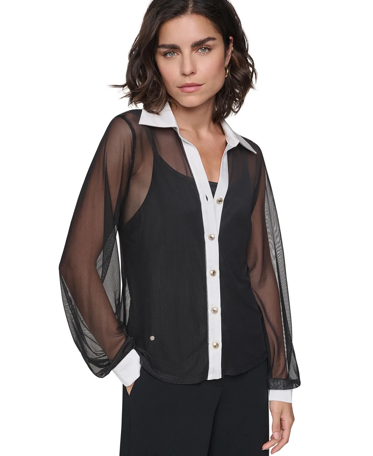 Long-Sleeve Mesh Colorblock Blouse by Karl Lagerfeld