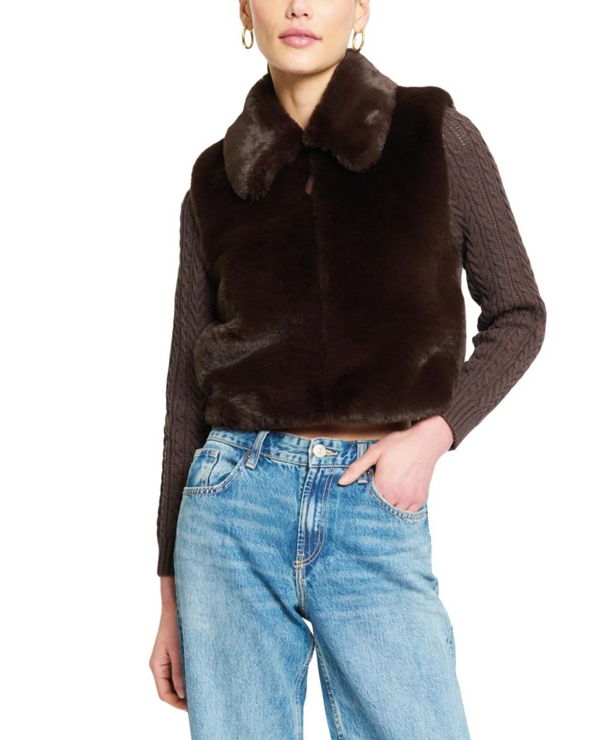 Maia Cropped Fur Cabled Sleeves Sweater by Central Park West
