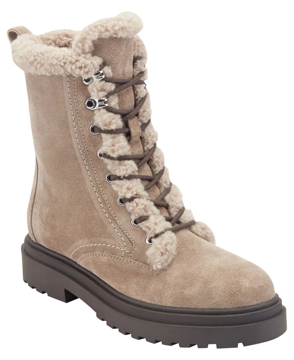 Braylee Lug Sole Lace-Up Shearling Booties - Gray Suede by Marc Fisher LTD