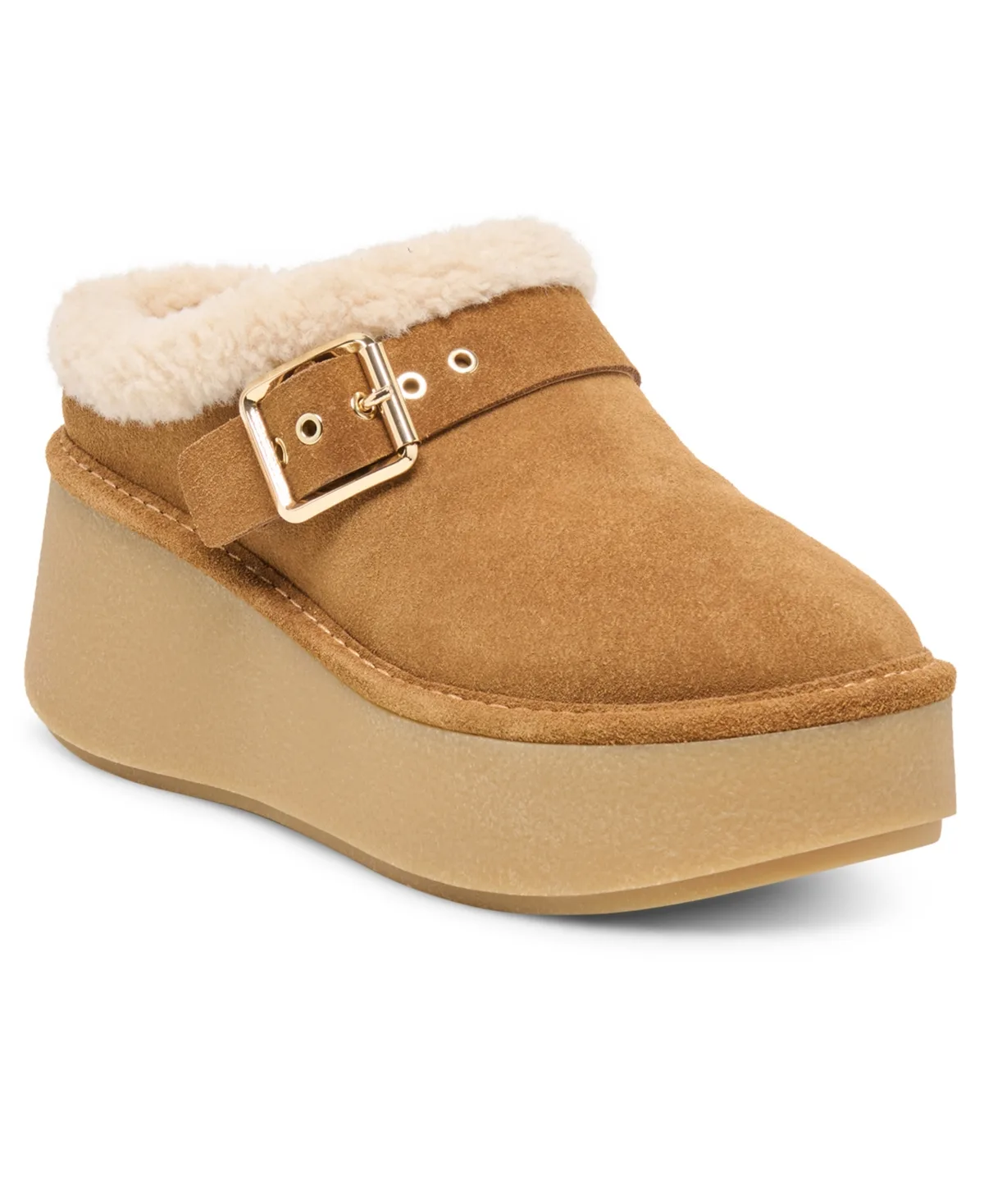 Oslo Plush Cozy Buckle Platform Clogs - Light Brown Suede