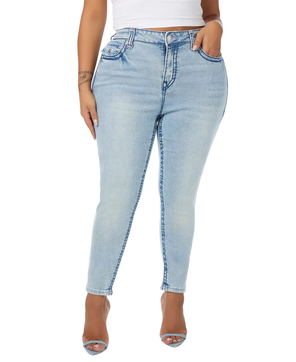 Jennie Mr Sup T Flap Skinny Mid-Rise Light-Wash Jeans by True Religion