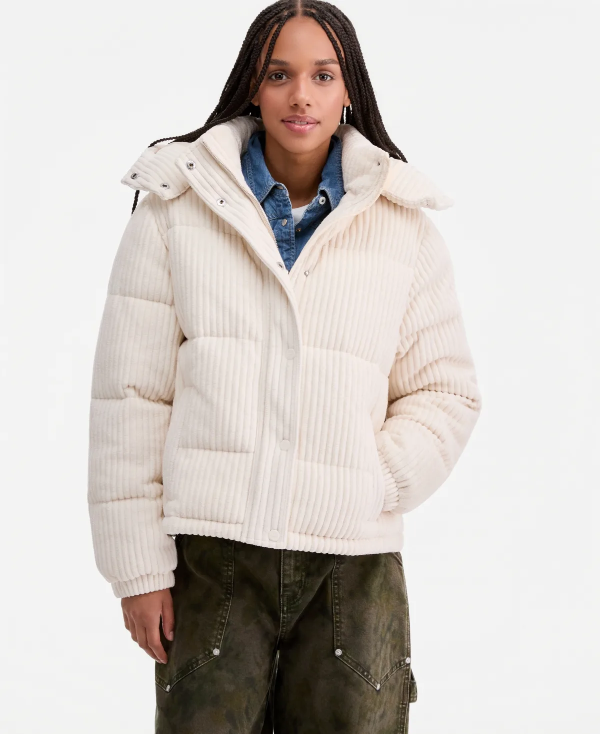 Hooded Corduroy Puffer Coat by Steve Madden