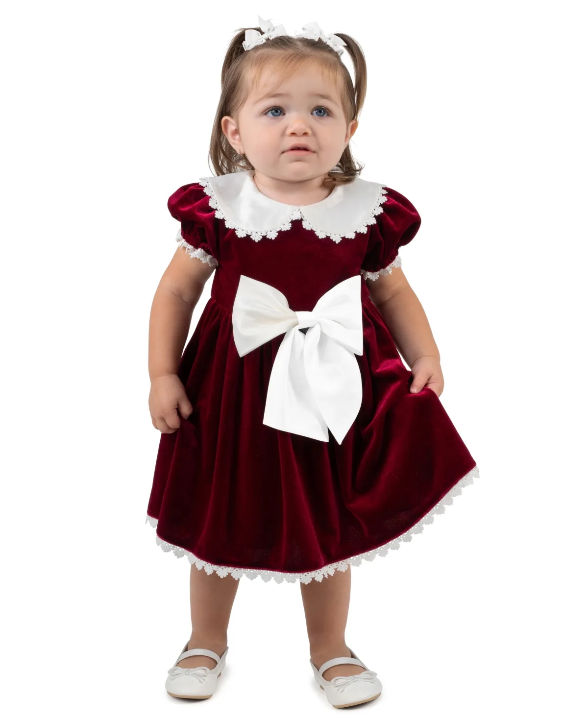 Velvet Puff-Sleeve Peter Pan Collar Dress and Bloomer, 2-Piece Set by Rare Editions